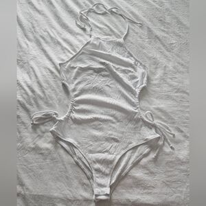 Fashion Nova White Ribbed Halter Bodysuit